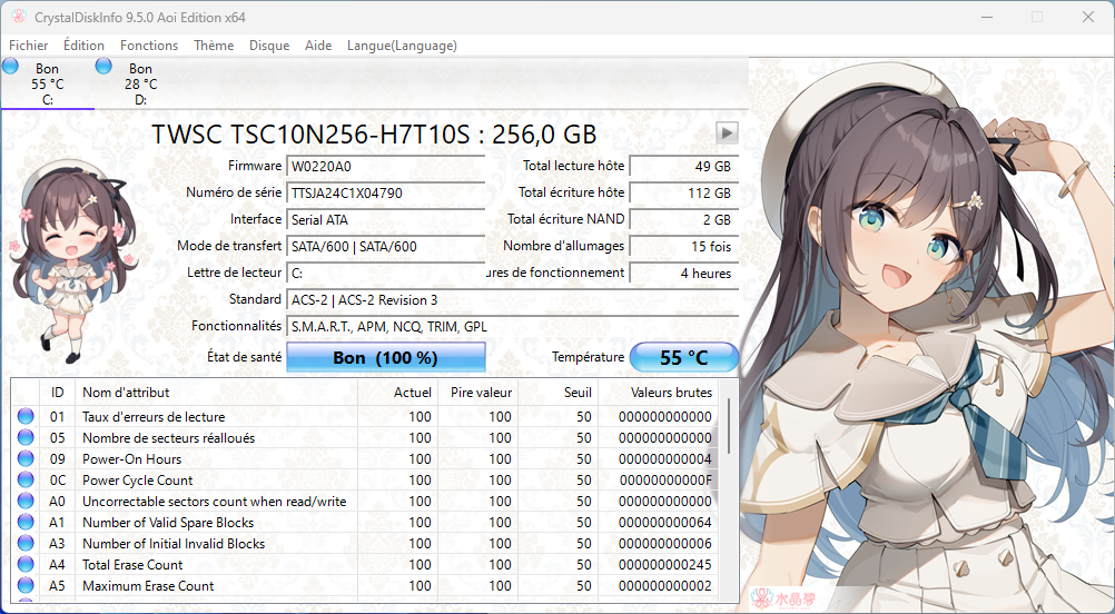 CrystalDiskInfo souligne l'interface SATA du SSD ici employé. ©Nerces pour Clubic