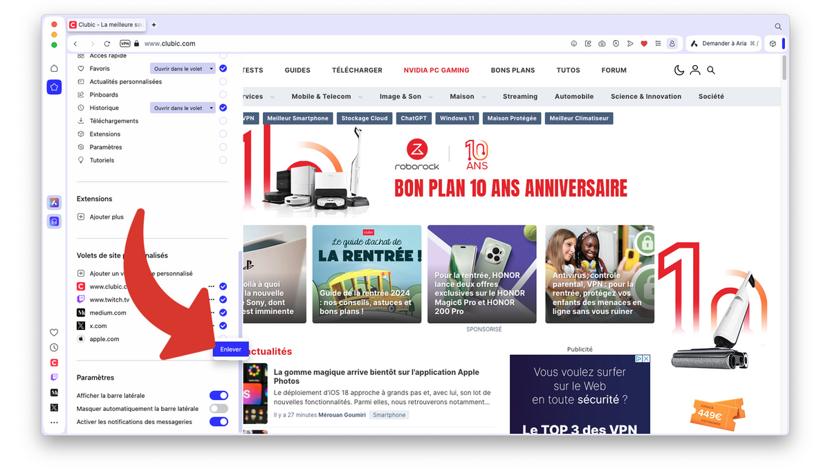 Enlever un site personnalisé de la barre latérale © Clubic