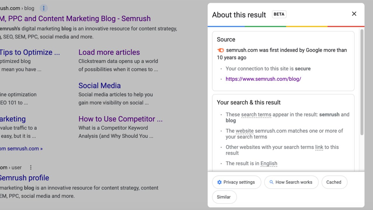 Menu d'accession à version "en cache" - © SEMRUSH