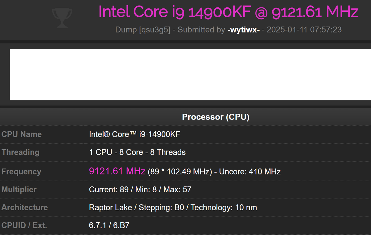 Voilà, 9 121,61 MHz pour un « bête » Core i9-14900KF : mais peut-il faire tourner Crysis ? © VideoCardz