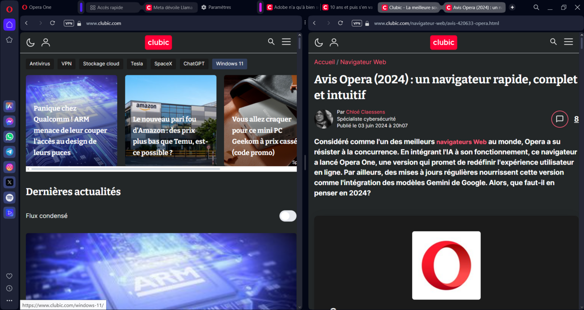 Opera One R2 prend enfin en charge le split screen de manière native © Clubic