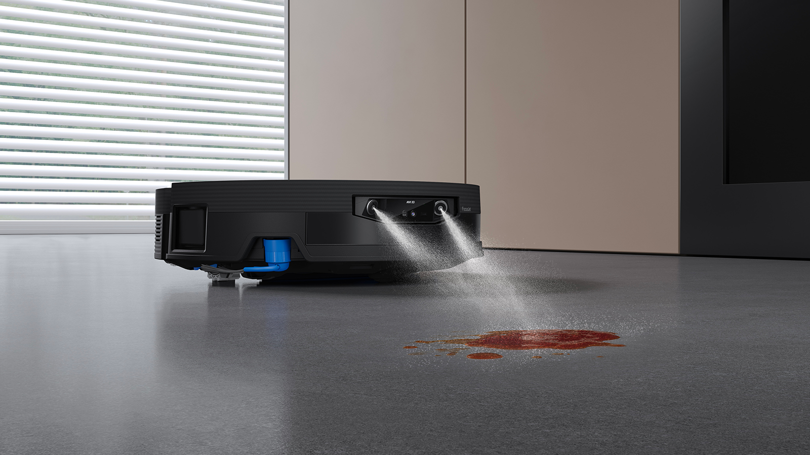 Le DEEBOT X12 OmniCyclone détecte les taches et les traite automatiquement grâce à des jets d’eau croisés.. ©Ecovacs