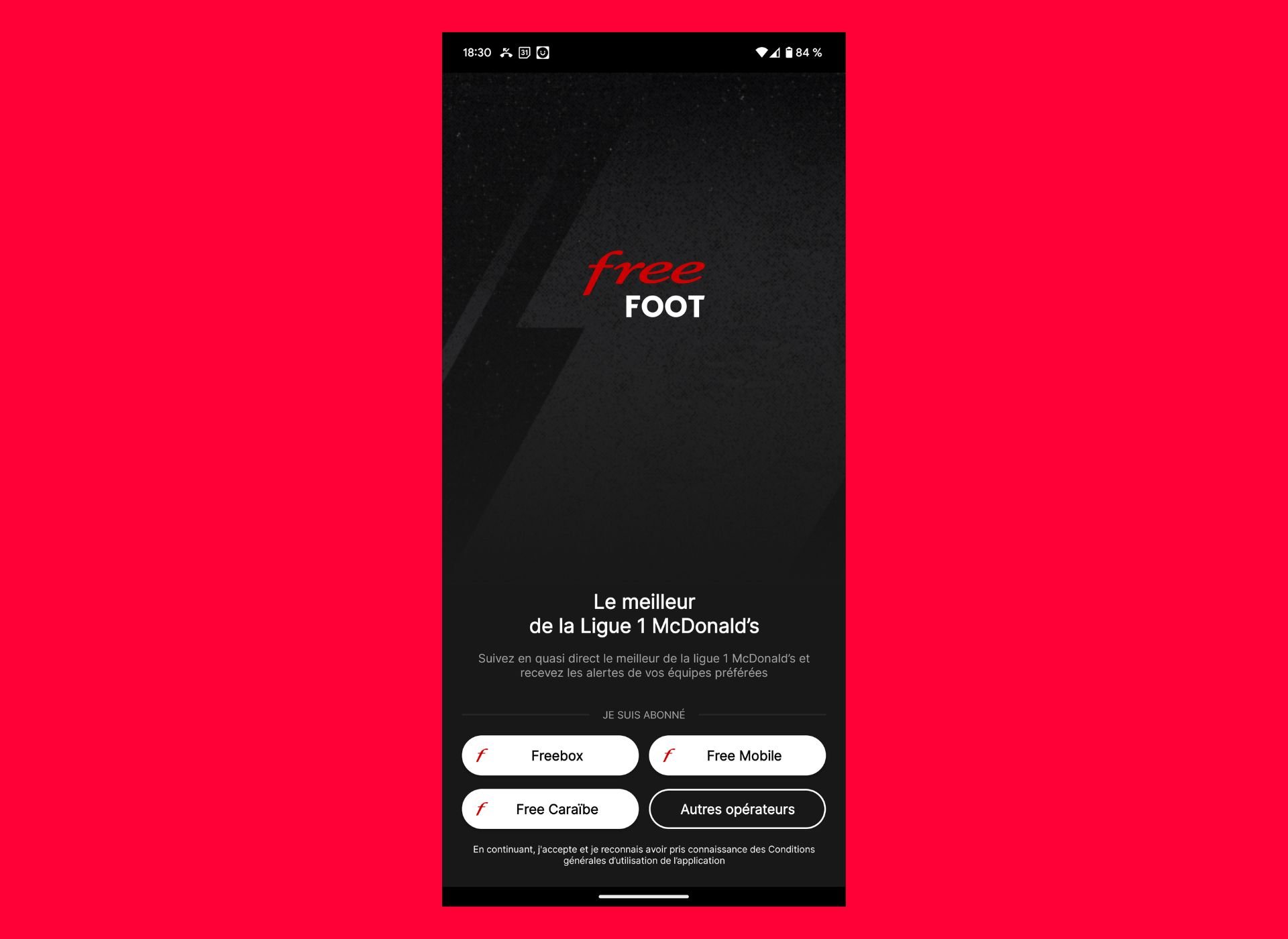 Voici à quoi ressemble l'application Free Foot à son ouverture © Alexandre Boero / Clubic