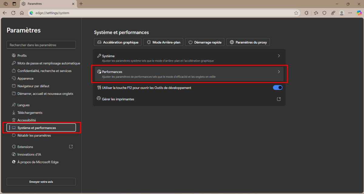 Rendez-vous dans les paramètres de performances de Microsoft Edge. © Clubic
