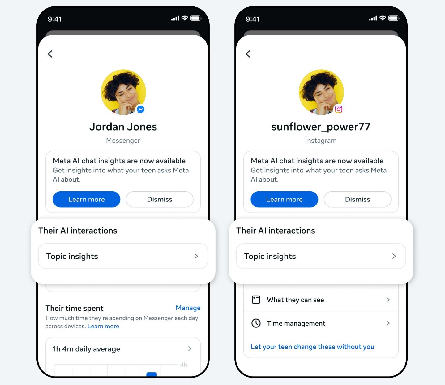 Les parents recevront régulièrement un rapport des activités de leurs enfants sur les services Meta, y compris donc leurs interactions avec Meta AI. ©Meta