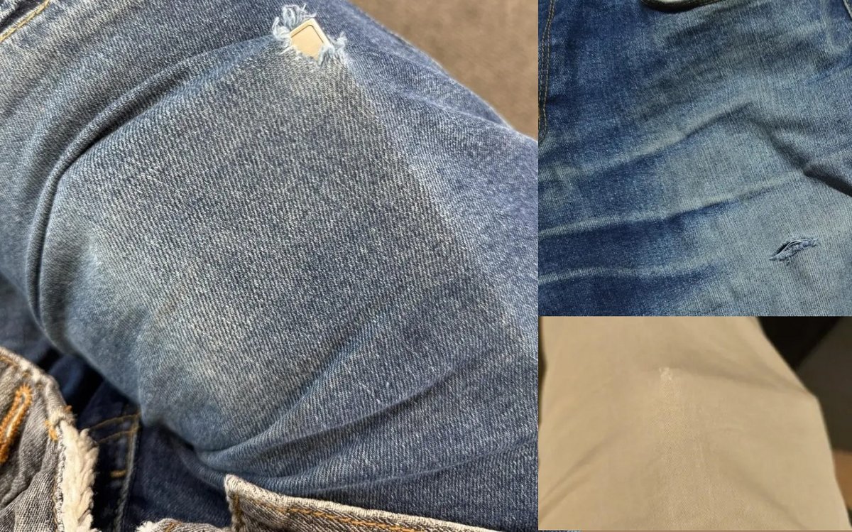 Quelques exemples de jeans arrachés par les angles du S24 Ultra © o4uXv0, Xenonoir et partyhat-red sur Reddit