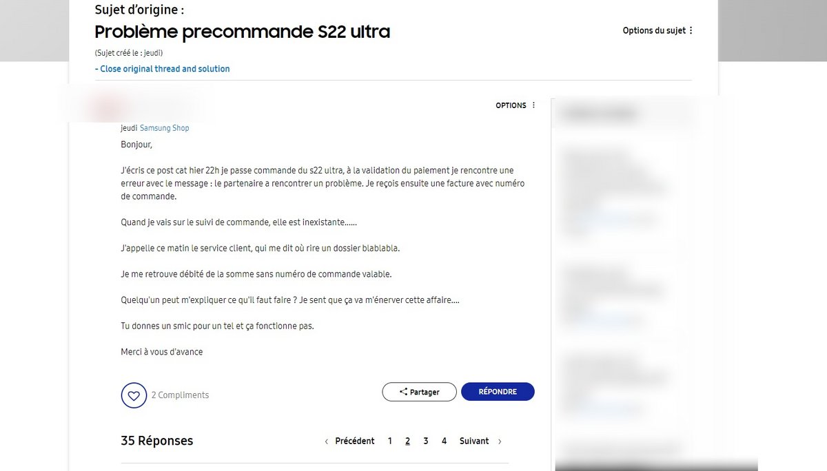 Capture d'écran du forum Samsung Communauté