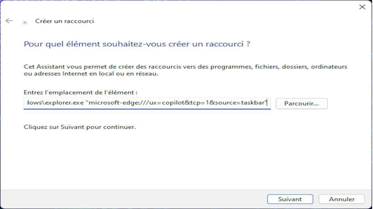 Insérez la commande pour permettre l'ouverture de Copilot dans Microsoft Edge © Benoit Baylé