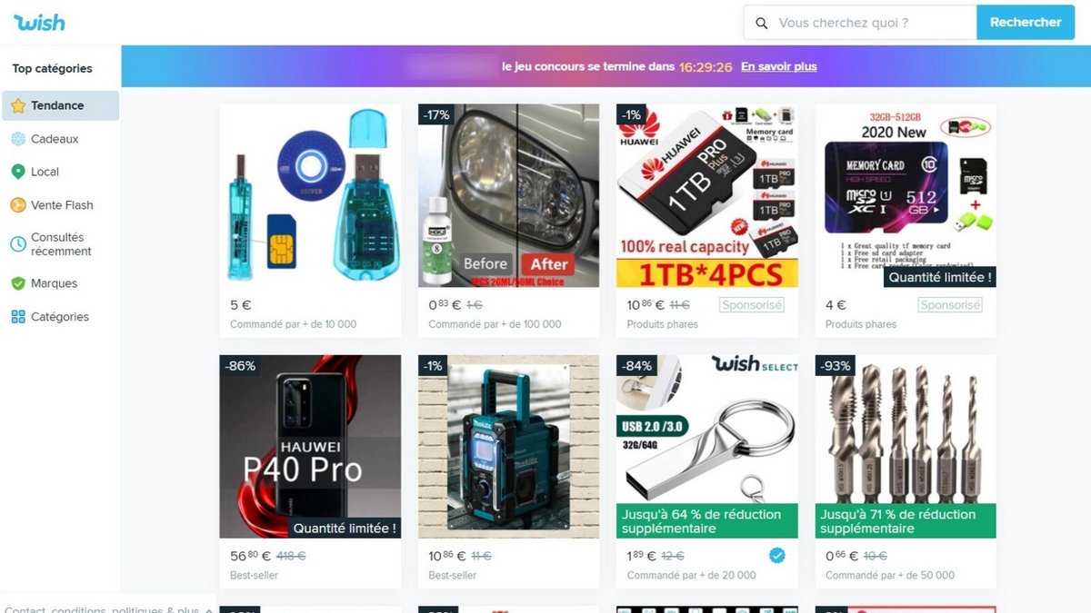 Capture d'écran du site wish.com, le 30 novembre 2020