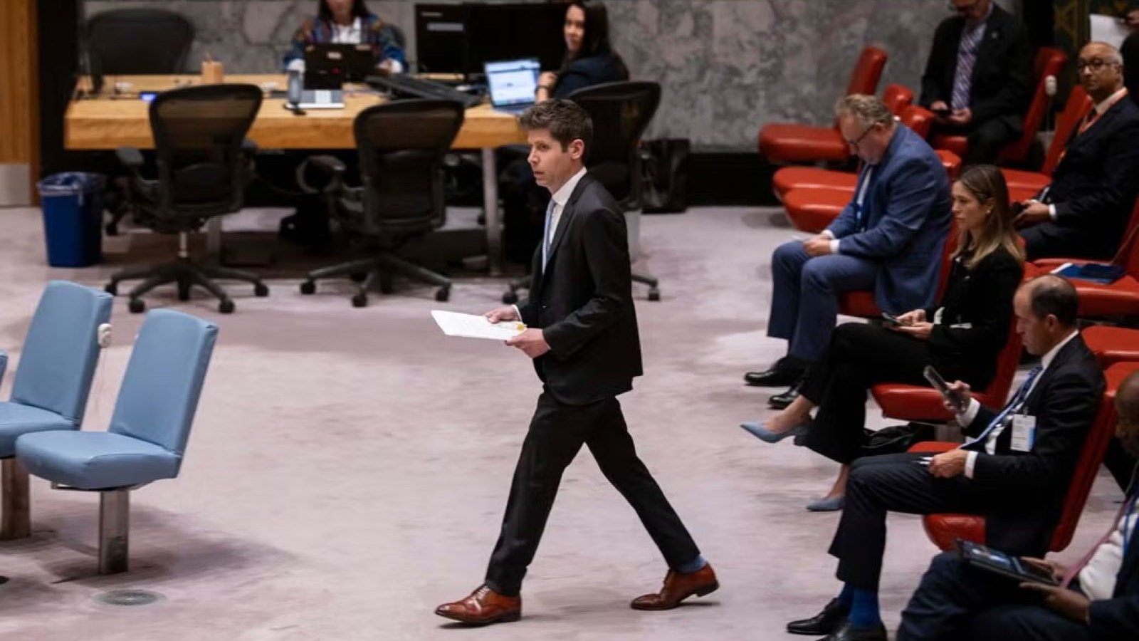 Sam Altman, directeur général d'OpenAI, lors d'une réunion du Conseil de sécurité des Nations Unies à New York mercredi - ©Dave Sanders / New York Times