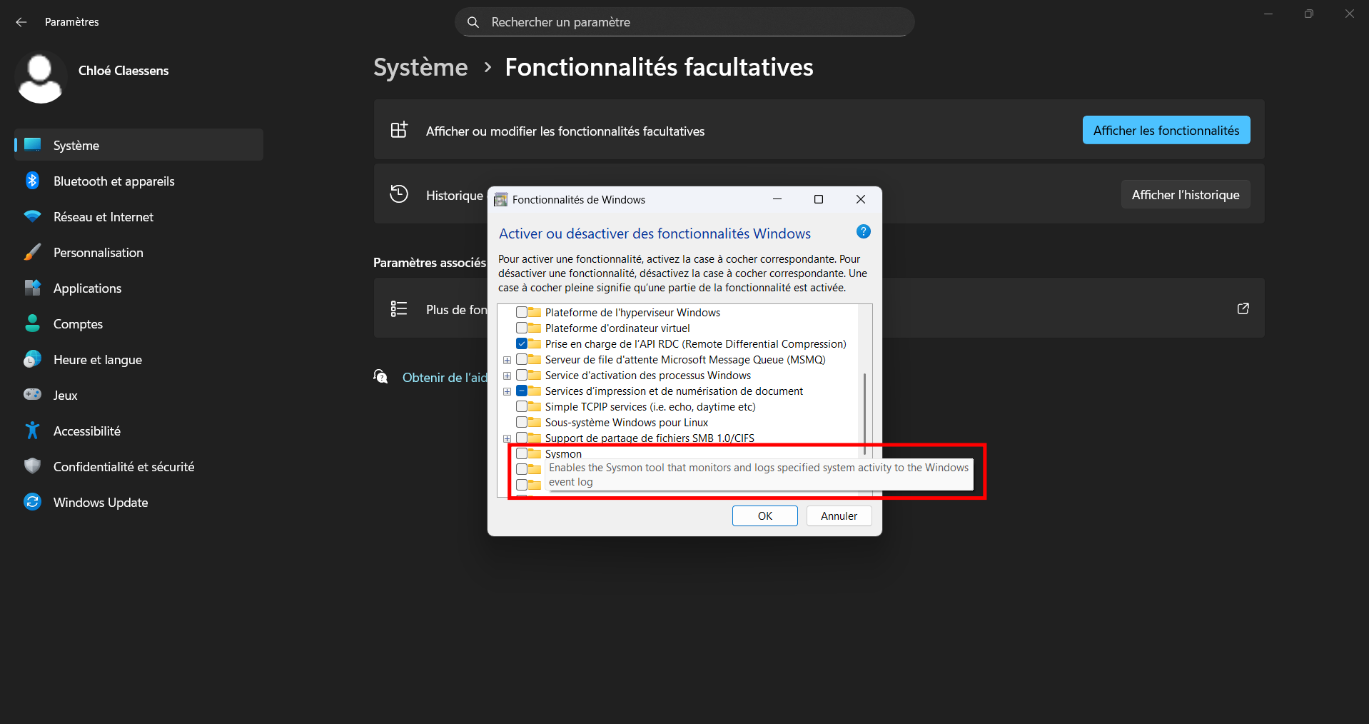 Vous pouvez activer Sysmon dans les fonctionnalités facultatives de Windows 11. © Clubic