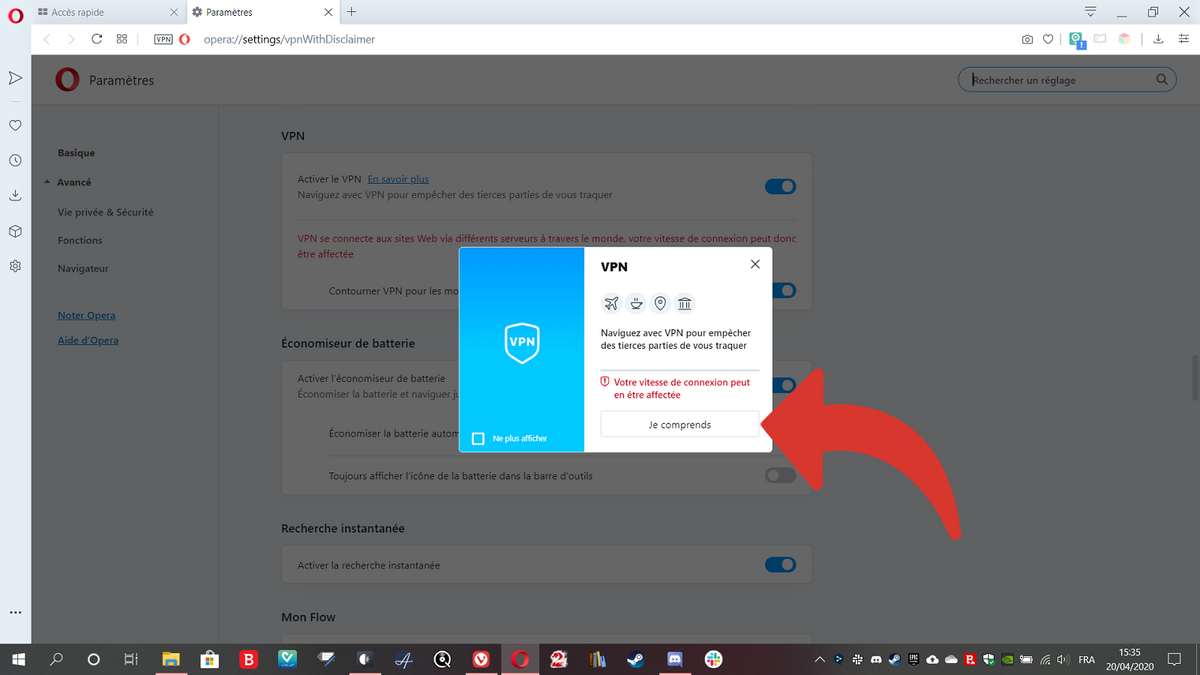 Activer VPN Opera 2,2