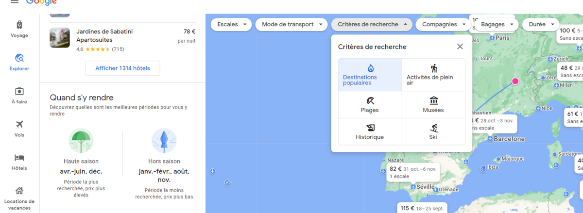 Extrait des options de la section "Explore" de Google Travel