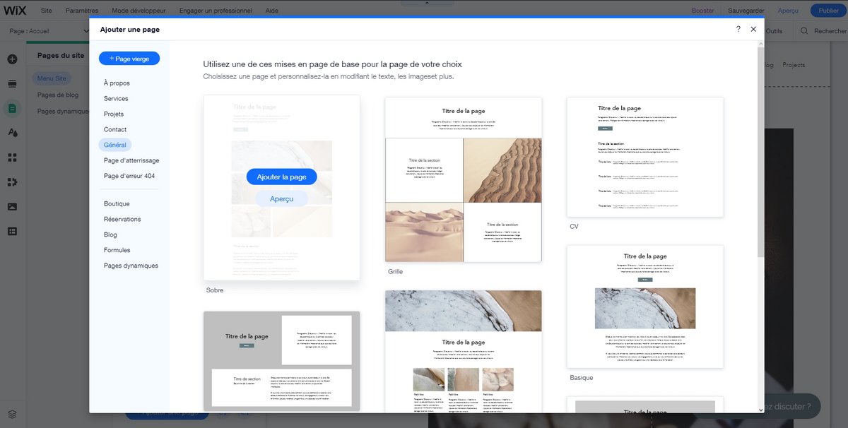Wix - Modèles de pages disponibles dans l'éditeur