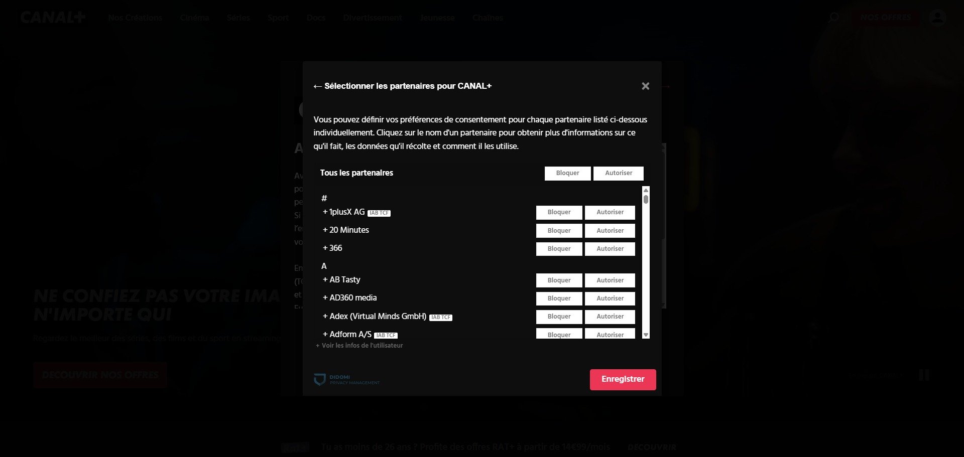 La page des partenaires de Canal+ © Alexandre Boero / Clubic