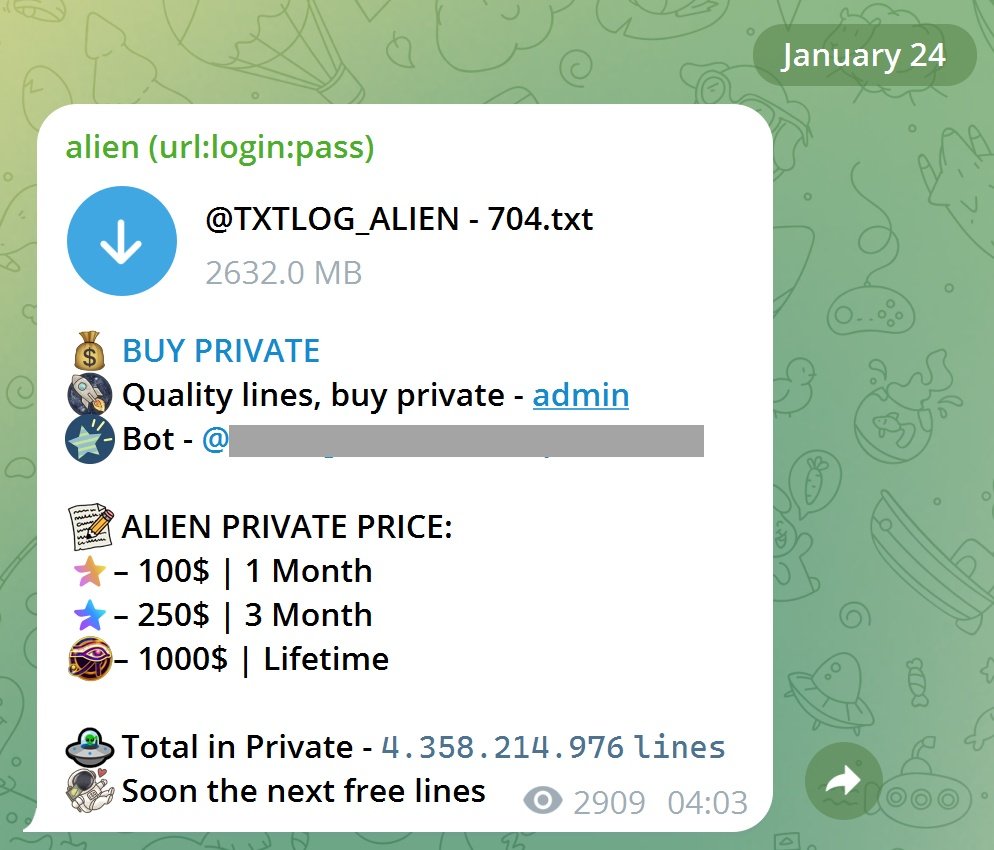 Sur Telegram, le canal ALIEN TXTBASE regroupe un corpus de 744 fichiers de données volées, vendus à l'unité © Troy Hunt