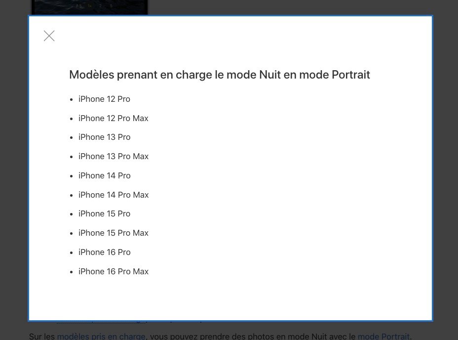 La liste officielle des iPhone compatibles avec le mode portrait en mode nuit. 