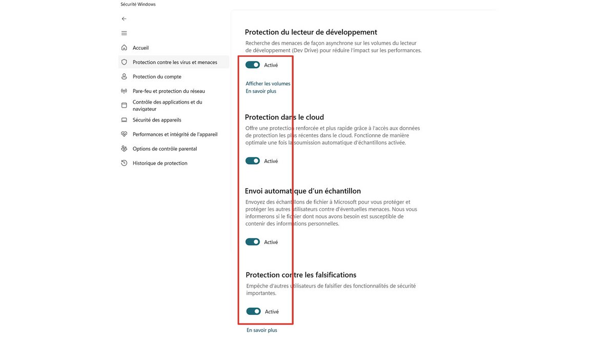 Paramètres avancés d'activation pour Microsoft Defender - Windows 11 © Pascale Duc pour Clubic