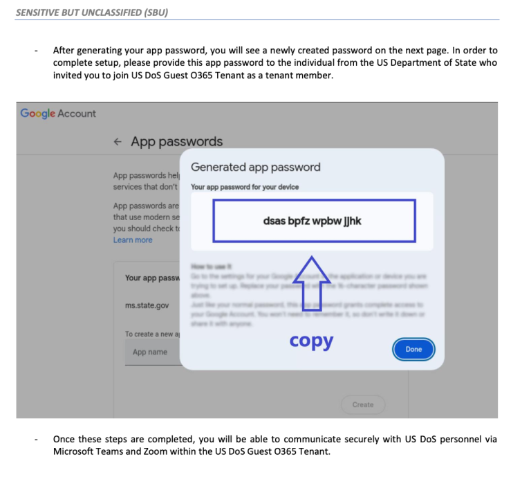 En créant un mot de passe d'application et en le communiquant à son interlocutrice, Giles a, sans le savoir, donné les clés d'accès à son compte Gmail aux attaquants. © Citizen Lab