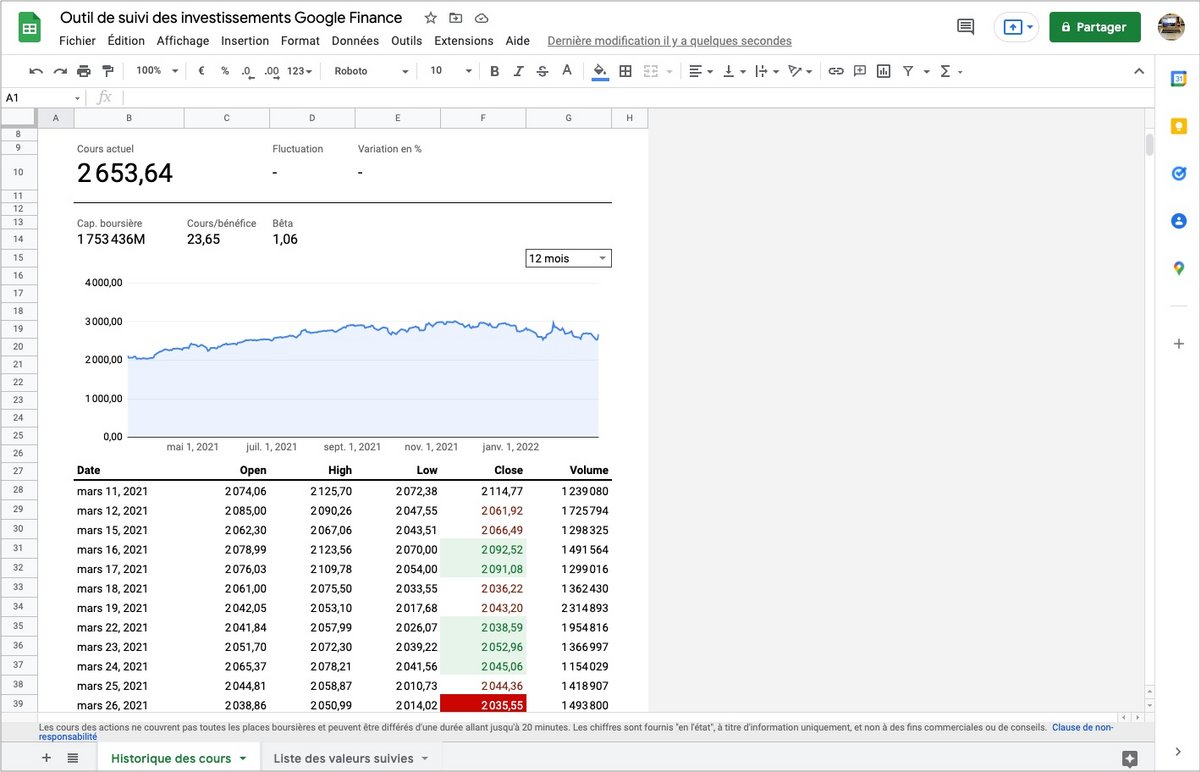 Google Workspace - Document ouvert dans le tableur Sheets