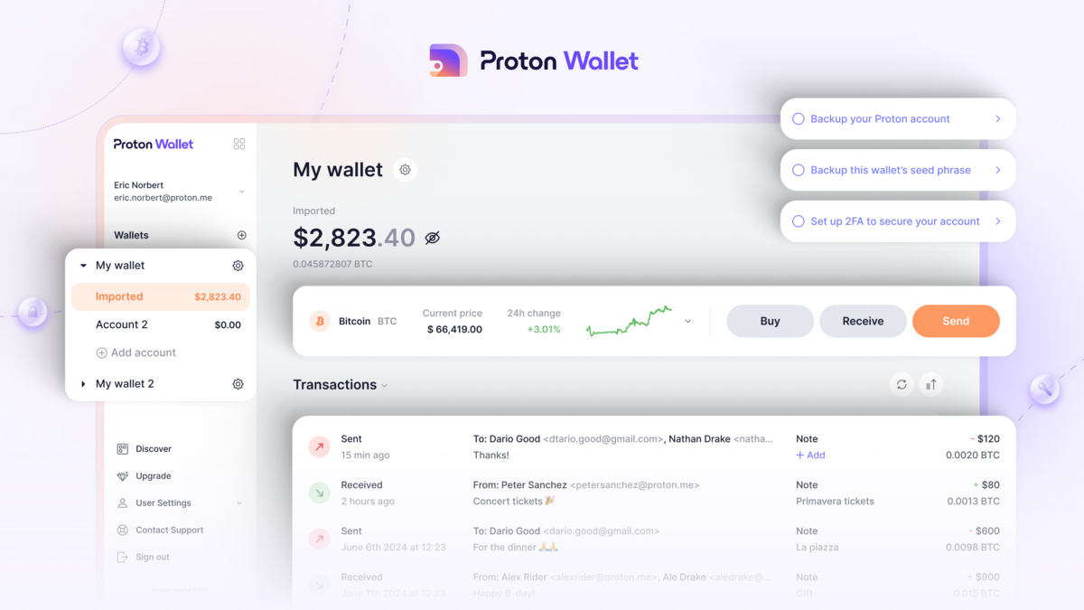 Envoyer et recevoir des bitcoins avec Proton Wallet nécessite une adresse mail Proton © Proton AG
