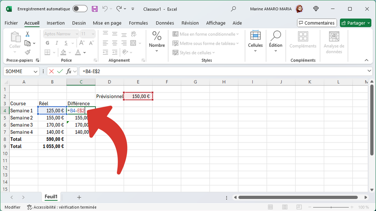 Écrire la formule Excel avec la valeur de la ligne figée © Clubic