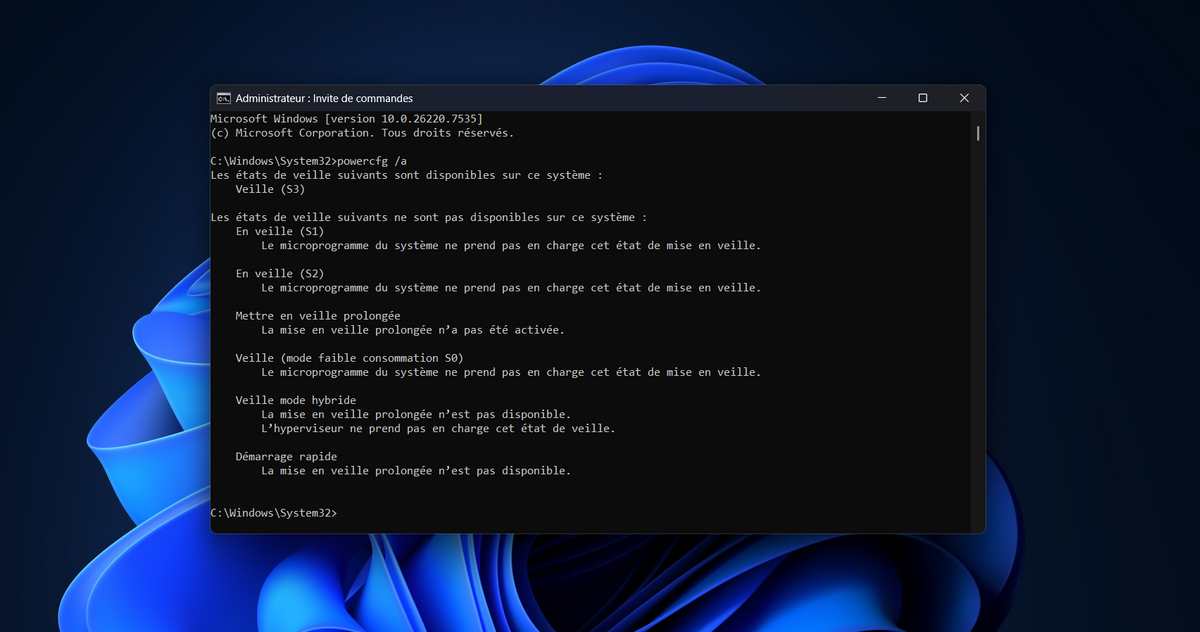 La commande powercfg /a vous permet de savoir quels modes de mise en veille sont disponibles sur votre PC. © Clubic
