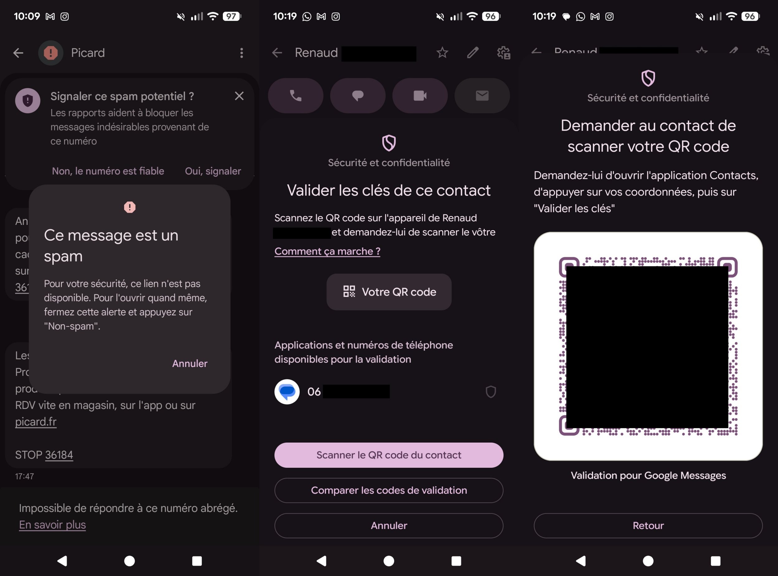Google Messages bloque désormais automatiquement les liens dans les messages potentiellement frauduleux et permet de vérifier l'identité de votre interlocuteur à l'aide d'un QR code. © Clubic