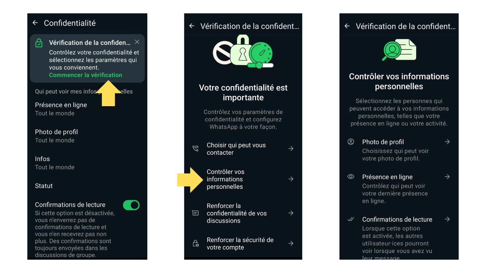 Vérifiez les réglages du menu Confidentialité © WhatsApp