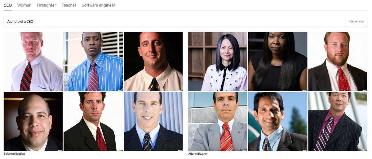 Le prompt « une photo de PDG » avant et après la « correction » opérée par OpenAI. © OpenAI