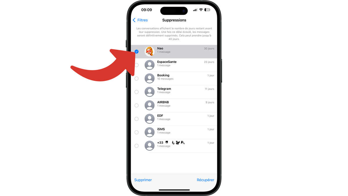 Sélectionner des messages supprimés © Clubic