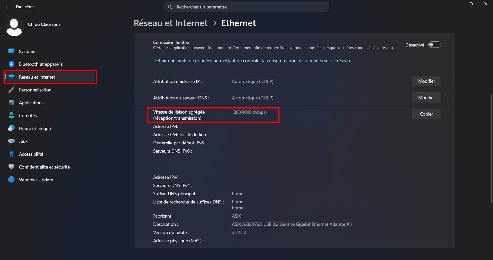 Windows affiche ici le débit réellement reconnu pour la connexion Ethernet. © Clubic