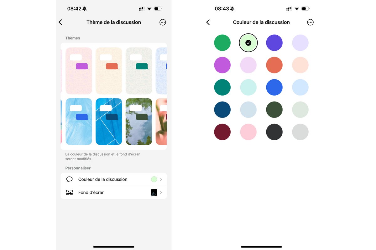 Les différentes options de personnalisations : à gauche, les thèmes, à droite, les couleurs des bulles de conversation. © Mathilde Rochefort pour Clubic