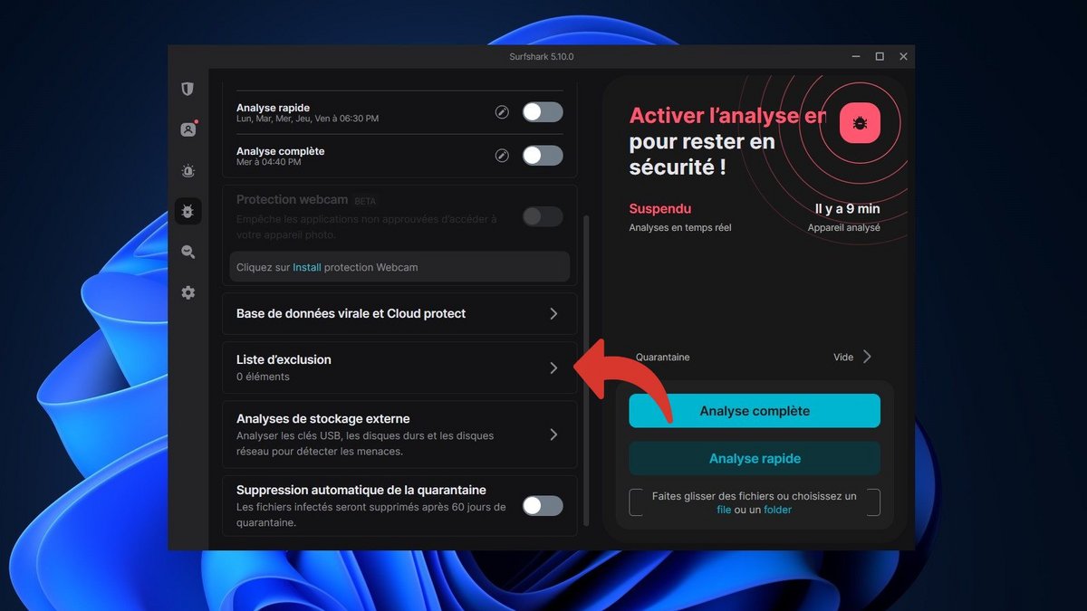 Surfshark Antivirus - Accédez aux paramètres de la liste d'exclusion © Clubic