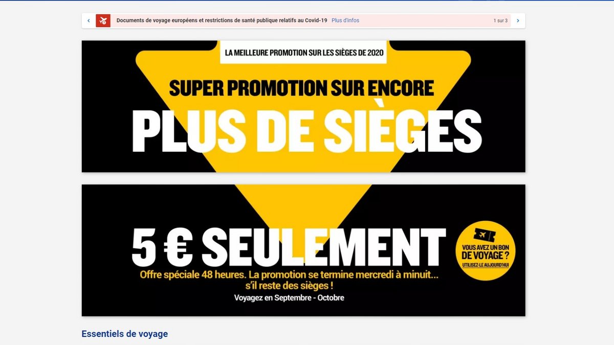 Le site de Ryanair annonce la couleur sur sa page d'accueil (Capture d'écran)