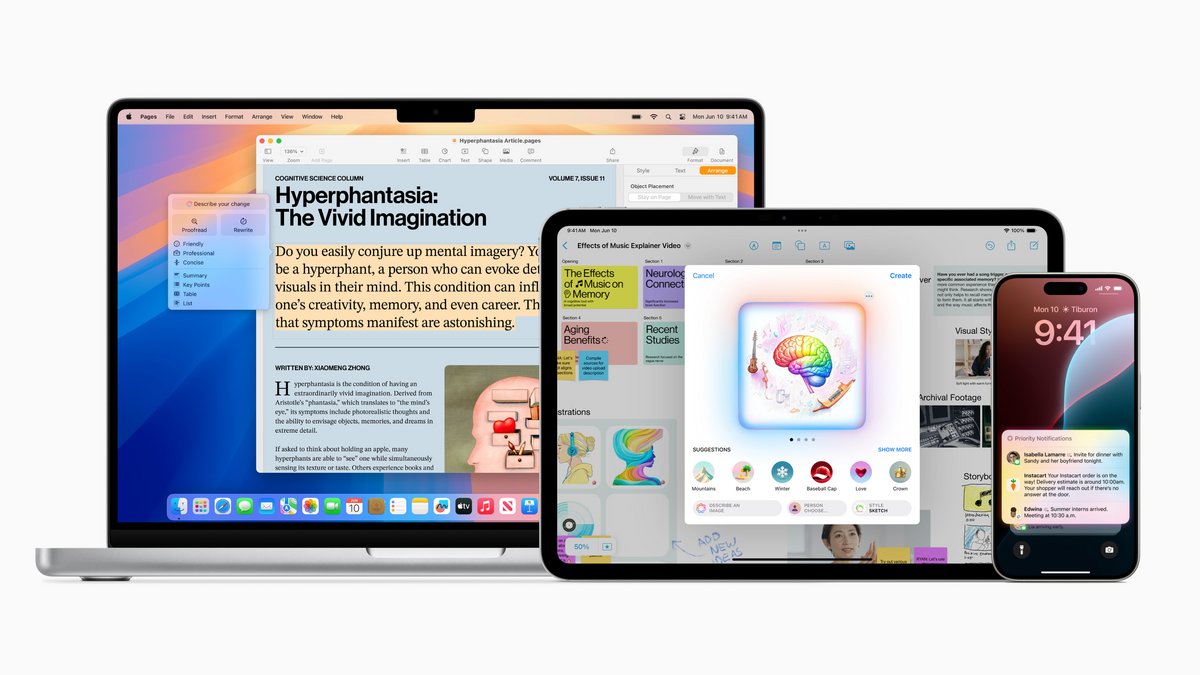 Apple Intelligence sera disponible sur iOS, iPadOS et macOS Sequoia. © Apple