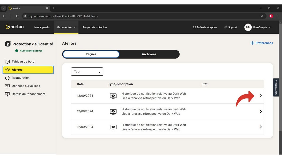 Sélectionnez une alerte pour passer en revue les fuites de données détectées © Clubic