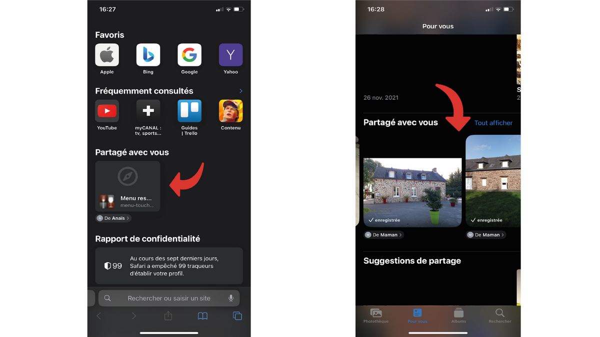 Retrouver le contenu partagé avec vous dans Safari et Photos sur iPhone