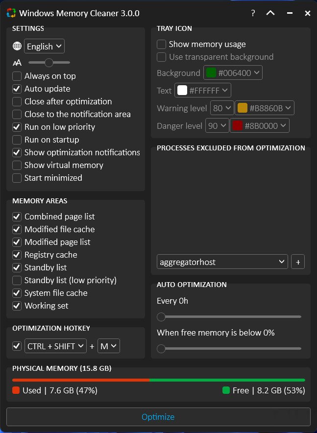 Interface principale de l'utilitaire avec ses options d’optimisation de la mémoire vive. - © Windows Memory Cleaner