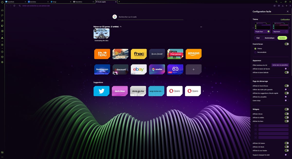 Opera GX - Les paramètres rapides à droite, pratiques
