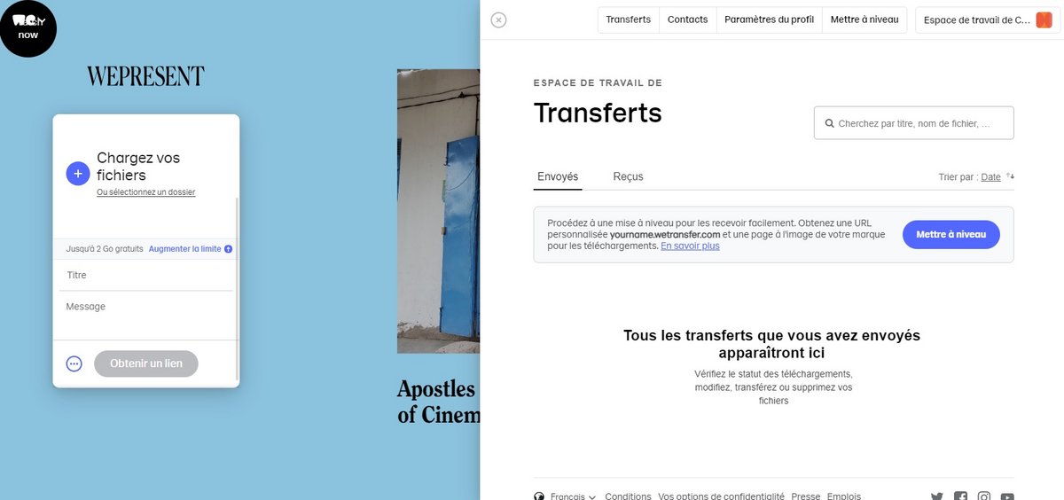 L'espace de travail WeTransfer