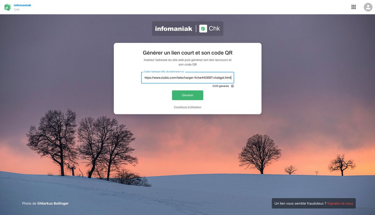 Interface de création de lien court et de code QR sur Infomaniak Chk.me, montrant l'étape initiale de saisie de l'URL.