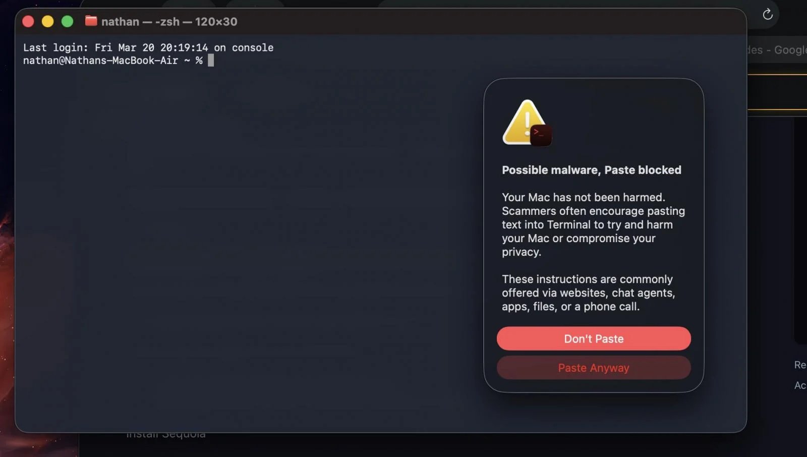 Sur macOS, Apple comme,nce à signaler les commandes possiblement liées à des attaques ClickFix copiées dans le Terminal. © BleepingComputer