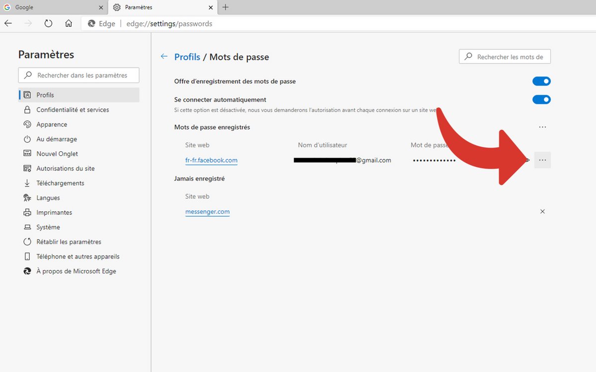 Supprimer mots de passe Edge