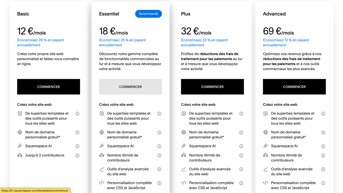 Squarespace propose 4 plans payants. ©Squarespace
