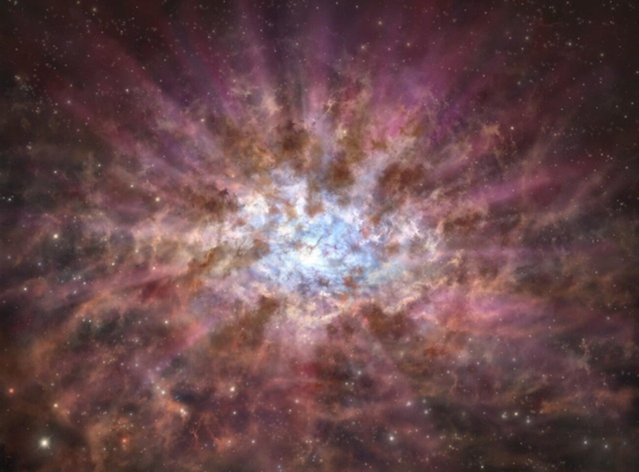 Vue d'artiste d'un quasar recouvert de poussière dans l'Univers primitif - ©NAOJ
