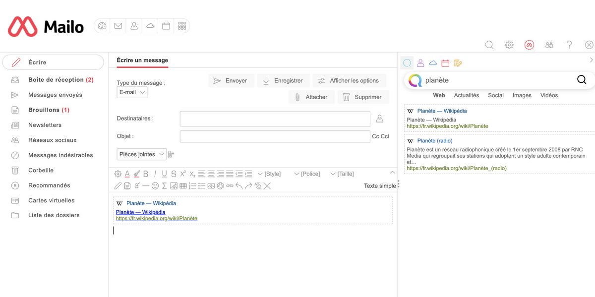 Création d'un message et intégration d'un lien dans Mailo. © Mailo