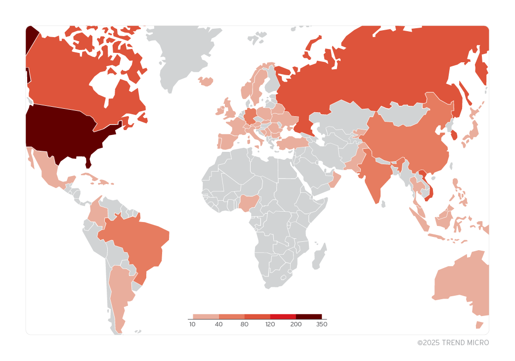 Répartition des régions ciblées par le détournement de fichiers LNK © Trend Micro