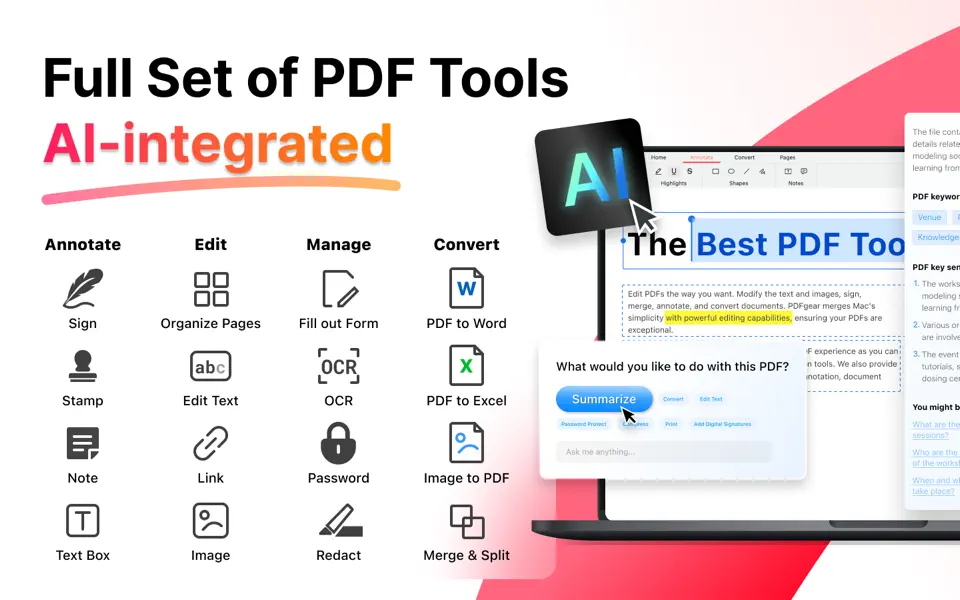 PDFgear est un excellent outil PDF qui offre de nombreuses possibilités, comme annoter, signer, tamponner, ajouter des notes, éditer le texte, organiser les pages, etc... - © PDFgear