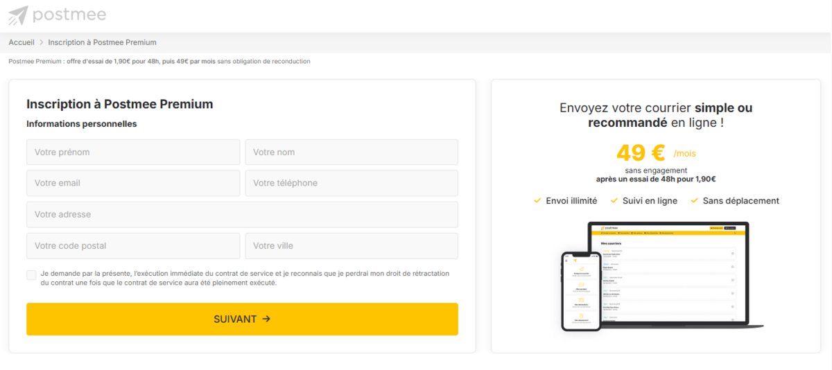 Postmee vous propose une souscription mensuelle à 49€/mois. @Capture Postmee